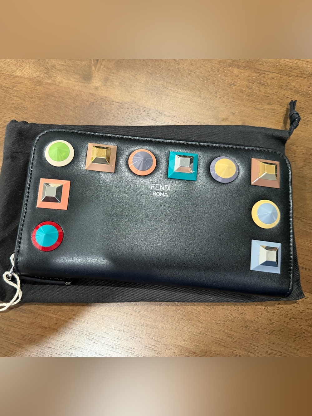 NEW Fendi Black Leather Zip Wallet with Multicolor Stud Accents